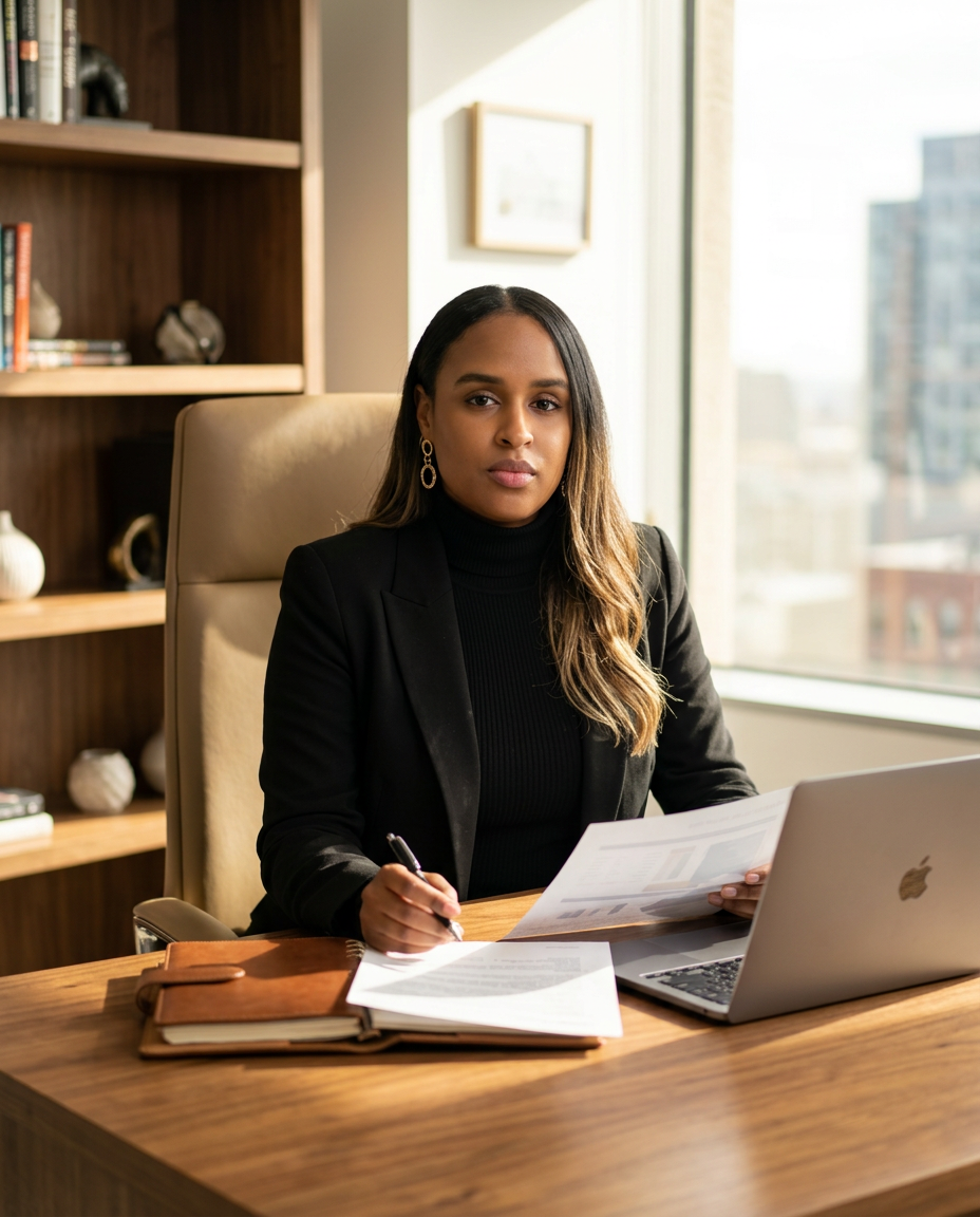 Elaine Montanez, transportation business advisor, at her desk in an executive office